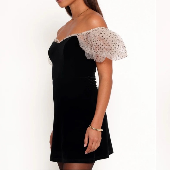 Camila Coelho Revolve Heirloom Velvet Tulle Puff Sleeve FlockedDress Black